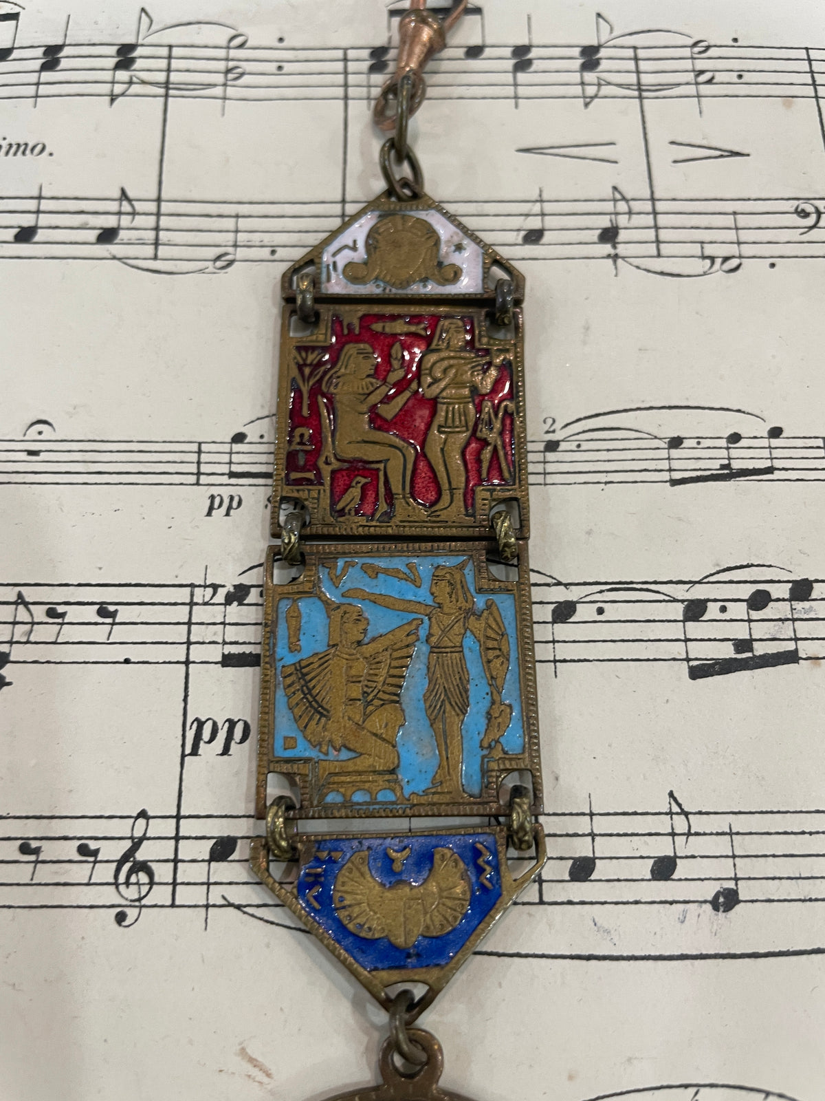 Rare Antique French Enameled Egyptian Revival Pharaoh Sphinx Chatelaine c1920