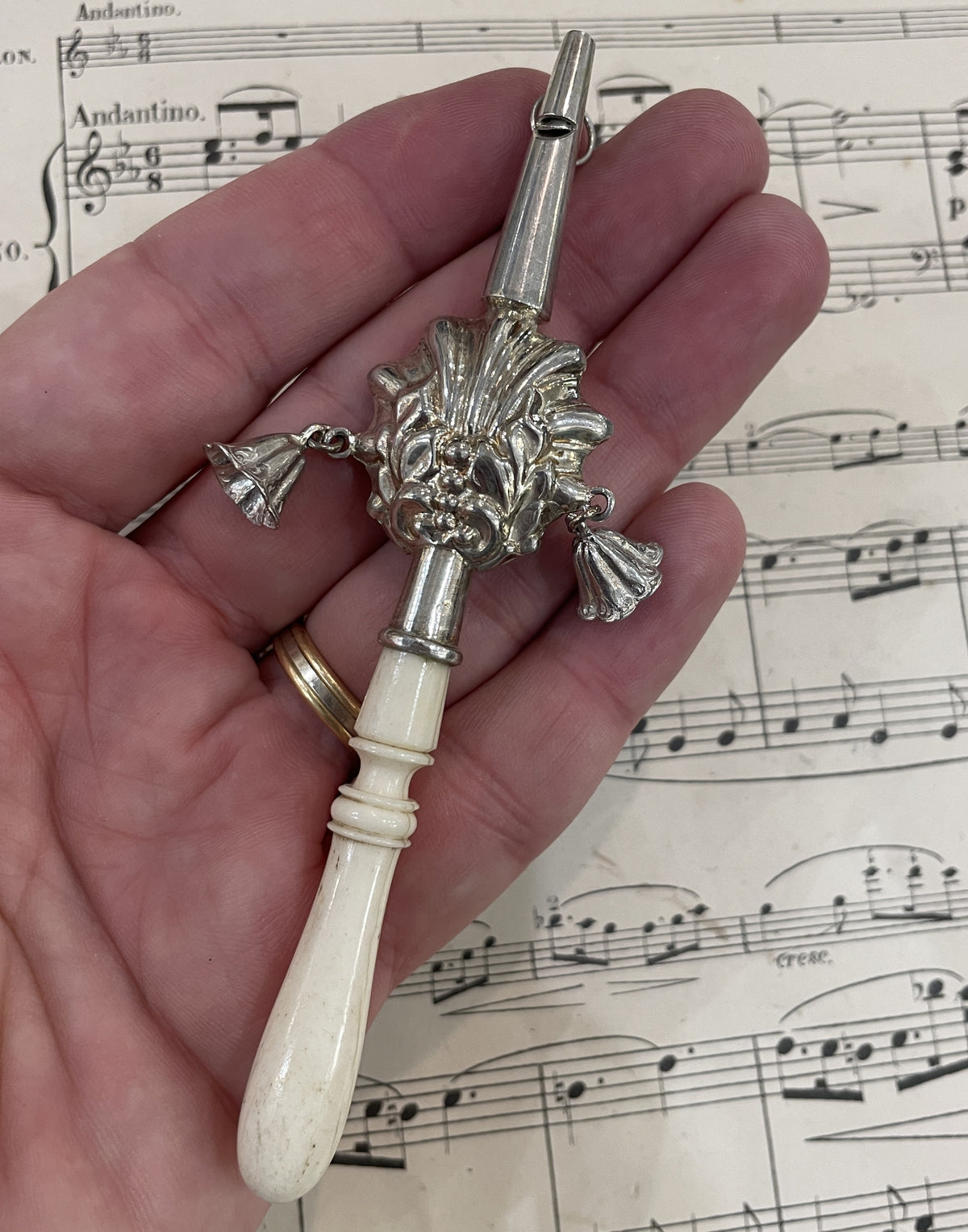 Rare Antique French Sterling Silver / Bone Baby Rattle Whistle Bells c1880