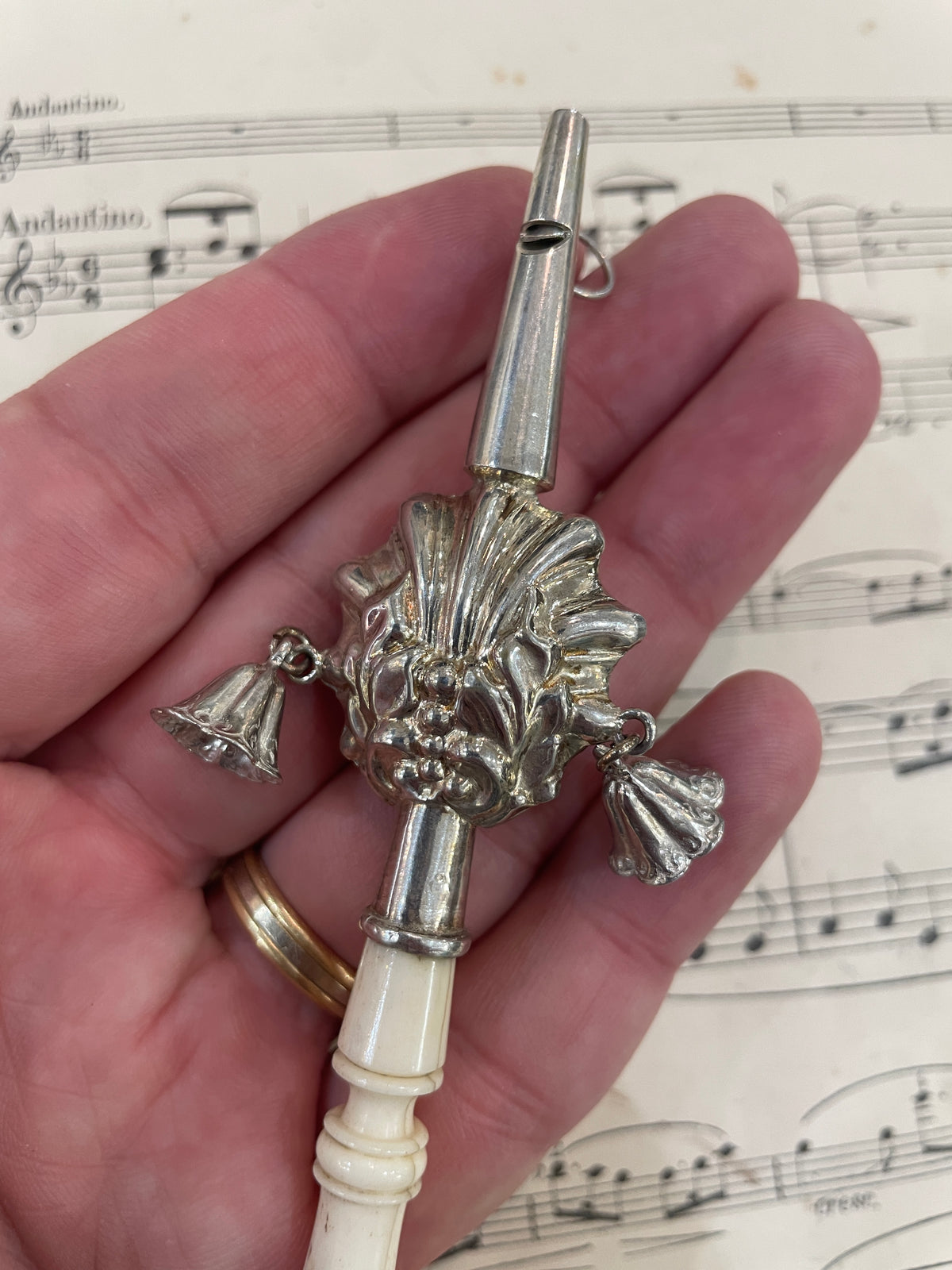Rare Antique French Sterling Silver / Bone Baby Rattle Whistle Bells c1880