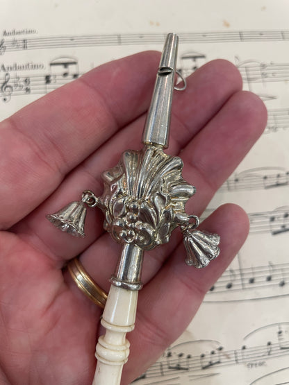 Rare Antique French Sterling Silver / Bone Baby Rattle Whistle Bells c1880