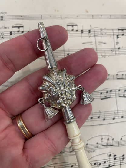 Rare Antique French Sterling Silver / Bone Baby Rattle Whistle Bells c1880