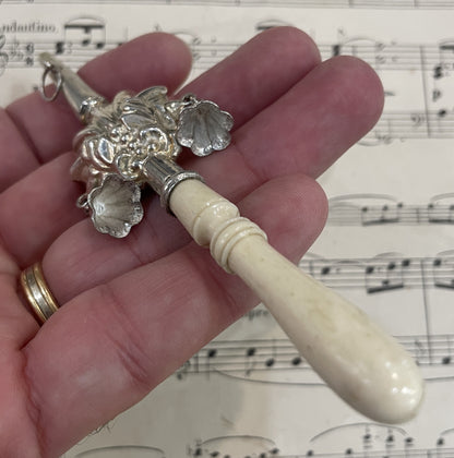 Rare Antique French Sterling Silver / Bone Baby Rattle Whistle Bells c1880