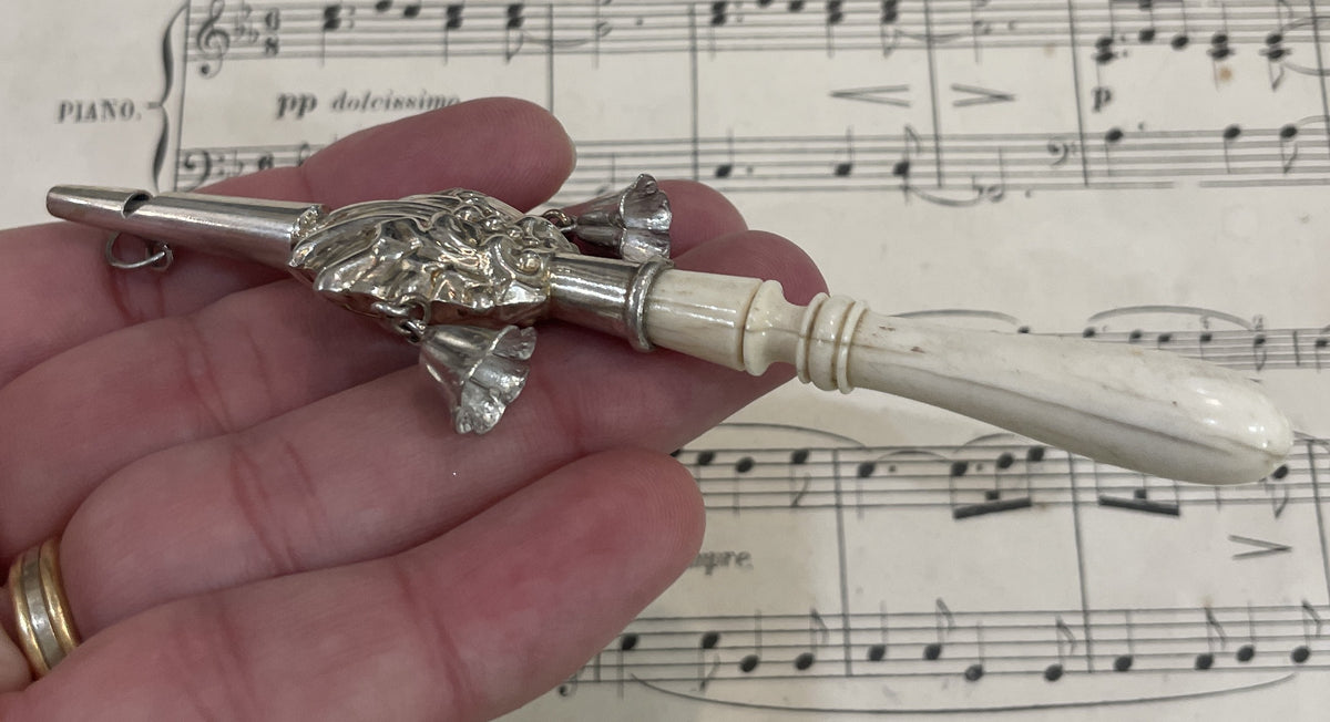Rare Antique French Sterling Silver / Bone Baby Rattle Whistle Bells c1880