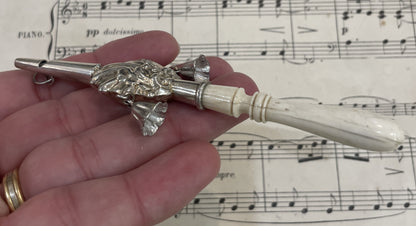 Rare Antique French Sterling Silver / Bone Baby Rattle Whistle Bells c1880