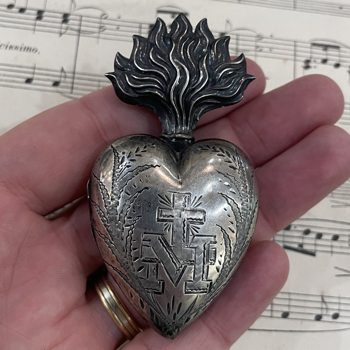 Rare Antique French Sterling Silver Sacred Heart of Mary Reliquary Ex Voto c1878