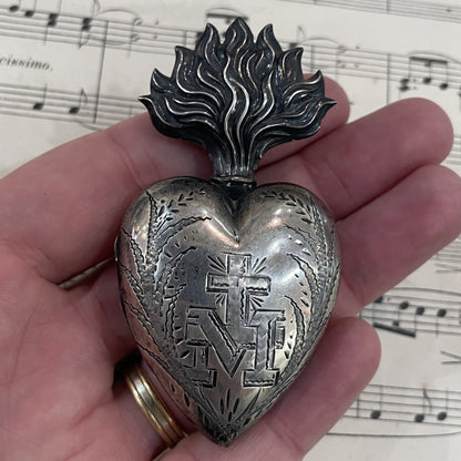 Rare Antique French Sterling Silver Sacred Heart of Mary Reliquary Ex Voto c1878