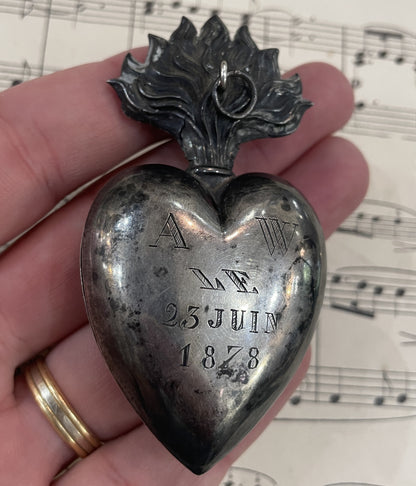 Rare Antique French Sterling Silver Sacred Heart of Mary Reliquary Ex Voto c1878