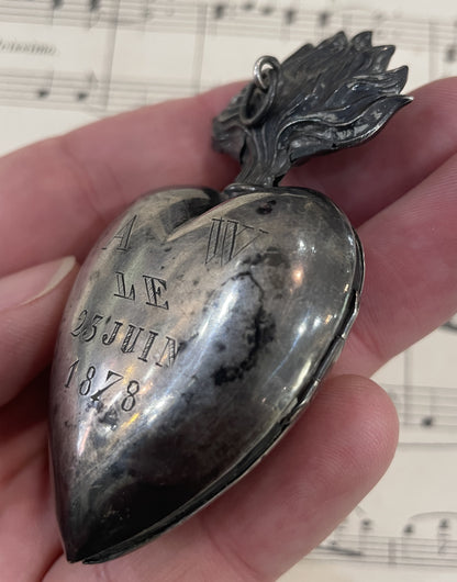 Rare Antique French Sterling Silver Sacred Heart of Mary Reliquary Ex Voto c1878