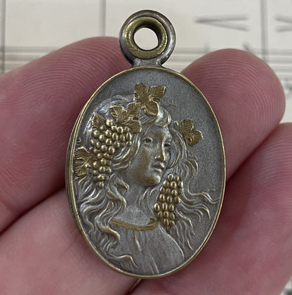 Antique Art Nouveau French Sliding Locket Pendant Woman Grapes c1900