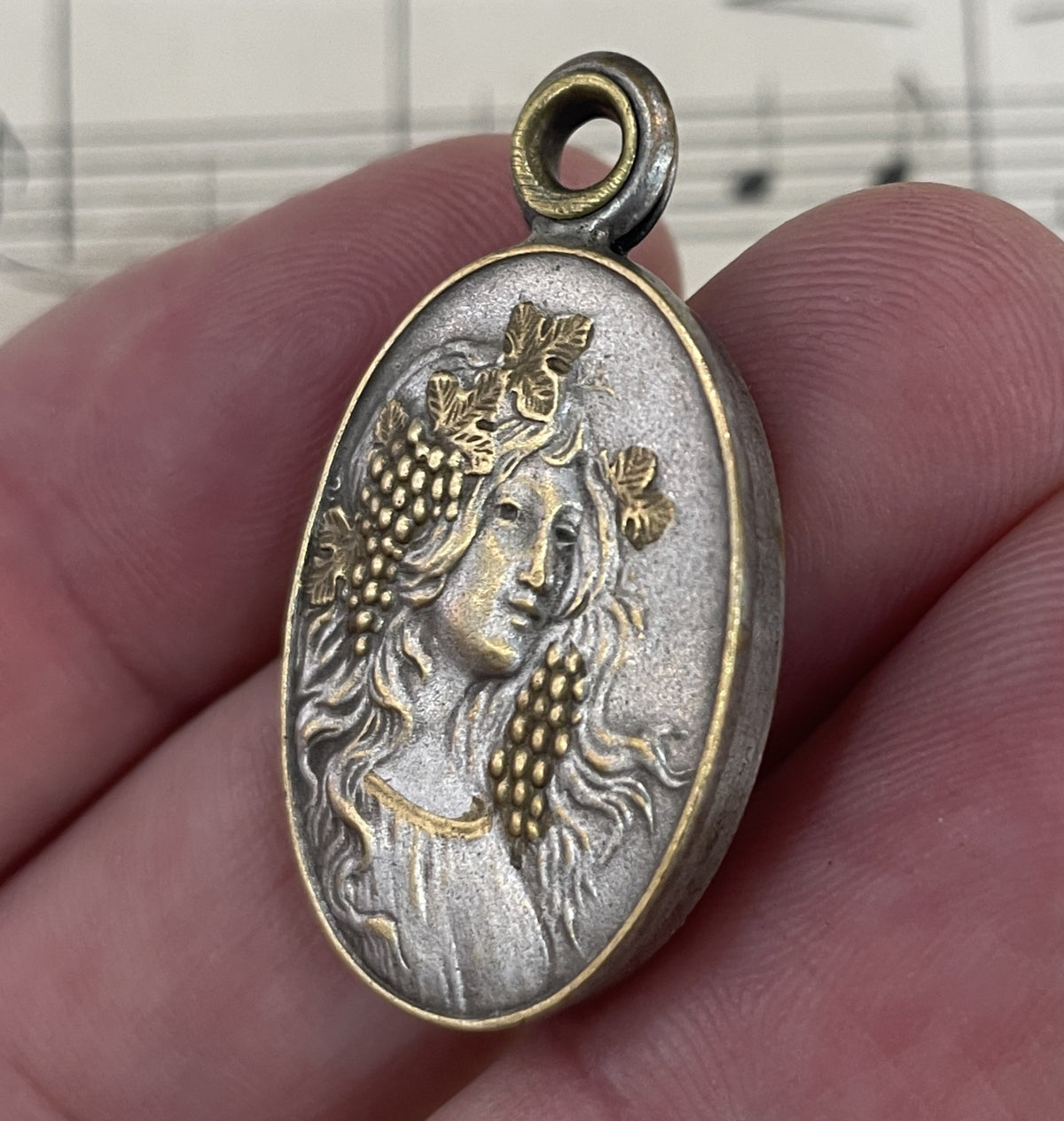 Antique Art Nouveau French Sliding Locket Pendant Woman Grapes c1900