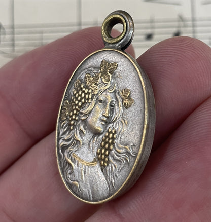 Antique Art Nouveau French Sliding Locket Pendant Woman Grapes c1900