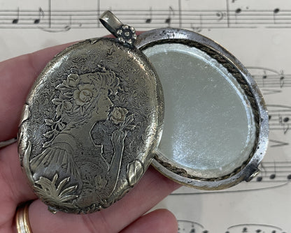 Rare Antique Art Nouveau French Sliding Mirror Pendant Woman Roses c1900