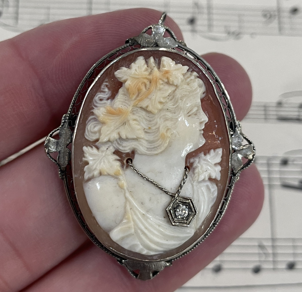Rare Antique Italian Carved Shell Cameo Woman Necklace Diamond c1900