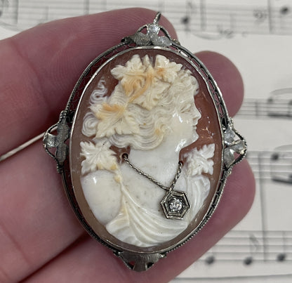 Rare Antique Italian Carved Shell Cameo Woman Necklace Diamond c1900