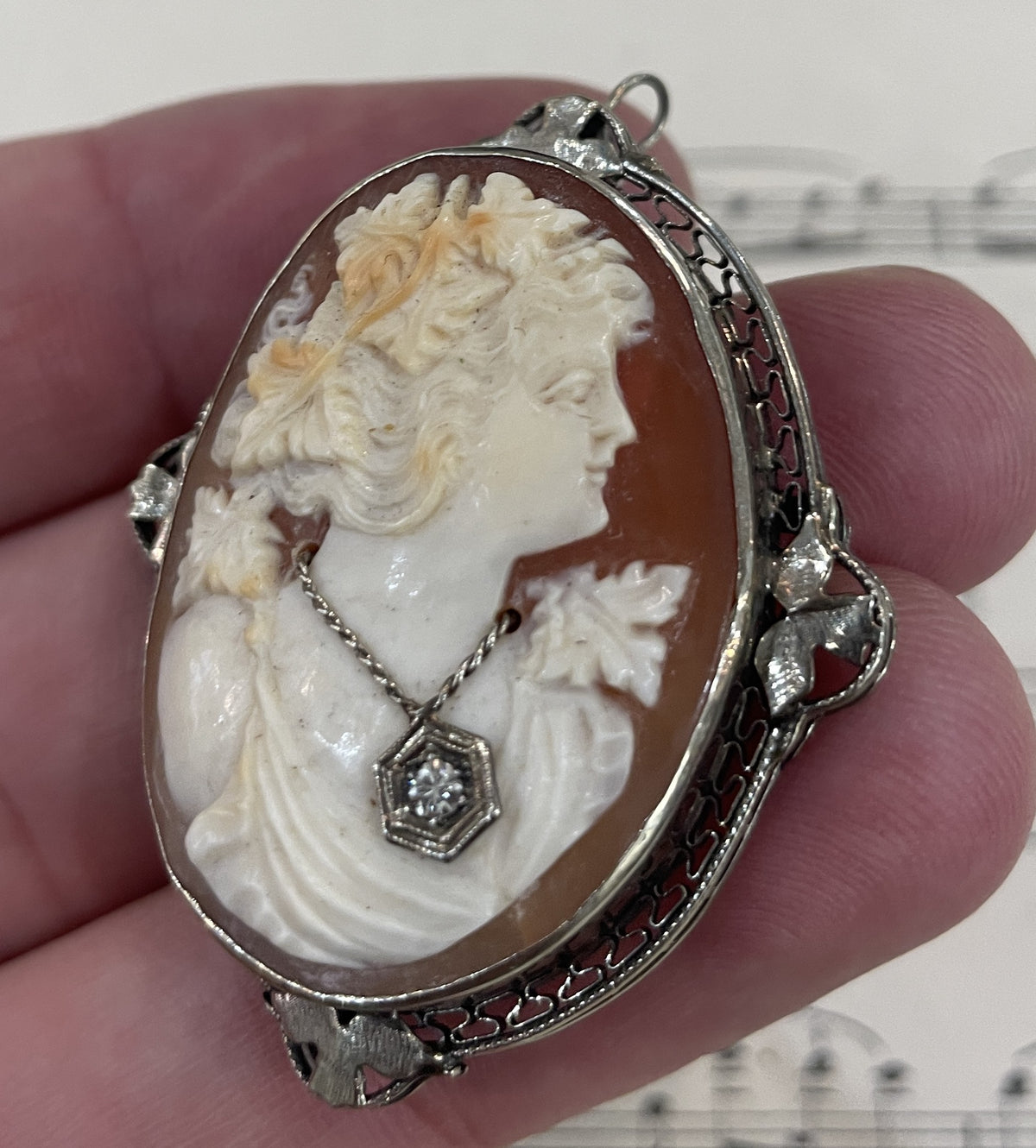 Rare Antique Italian Carved Shell Cameo Woman Necklace Diamond c1900