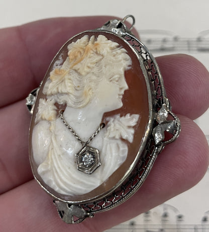 Rare Antique Italian Carved Shell Cameo Woman Necklace Diamond c1900