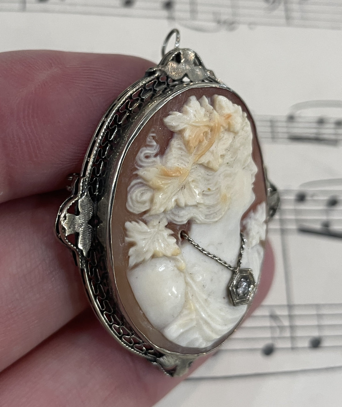 Rare Antique Italian Carved Shell Cameo Woman Necklace Diamond c1900