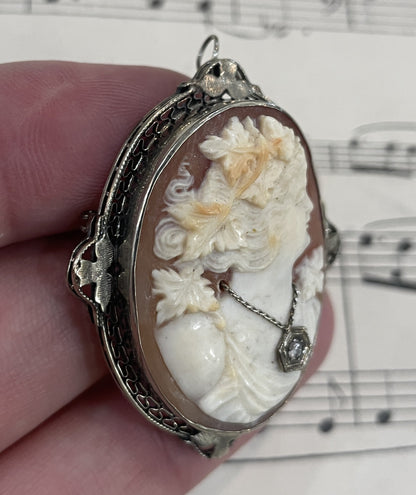 Rare Antique Italian Carved Shell Cameo Woman Necklace Diamond c1900