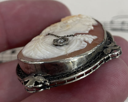 Rare Antique Italian Carved Shell Cameo Woman Necklace Diamond c1900