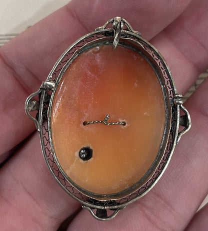 Rare Antique Italian Carved Shell Cameo Woman Necklace Diamond c1900