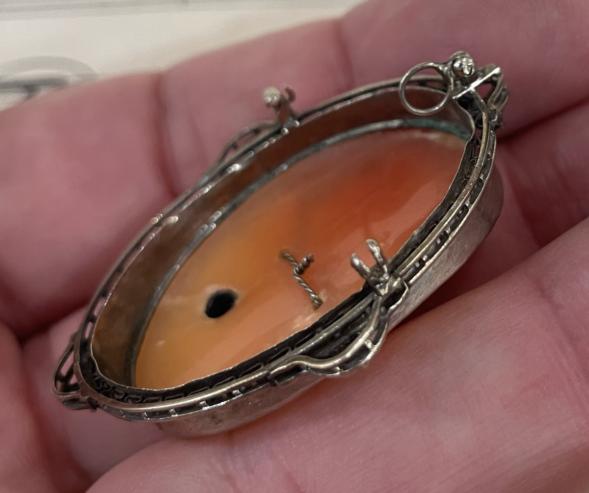 Rare Antique Italian Carved Shell Cameo Woman Necklace Diamond c1900