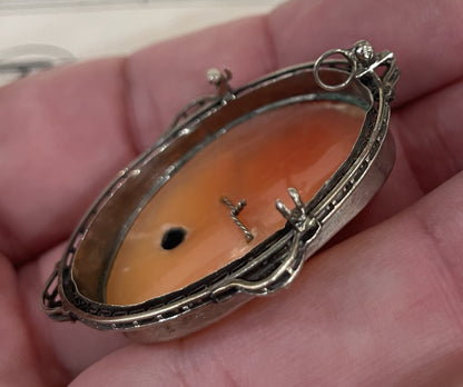 Rare Antique Italian Carved Shell Cameo Woman Necklace Diamond c1900