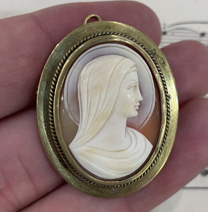 Antique French Carved Shell Cameo Virgin Mary c1920