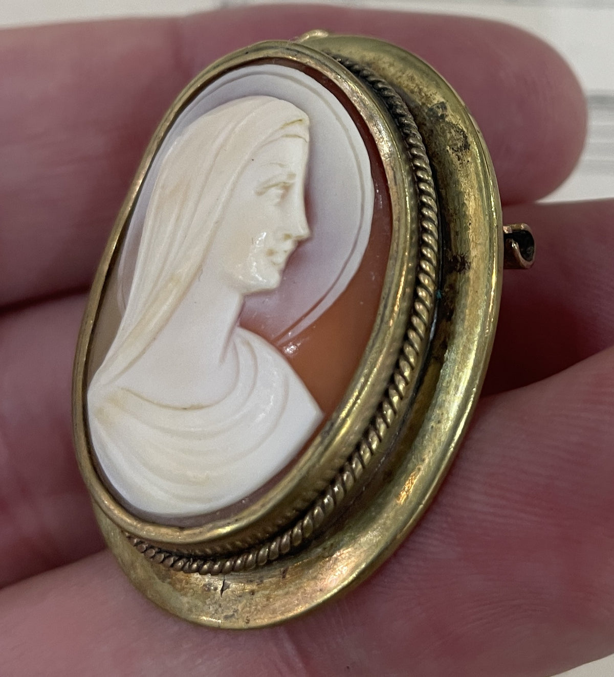Antique French Carved Shell Cameo Virgin Mary c1920