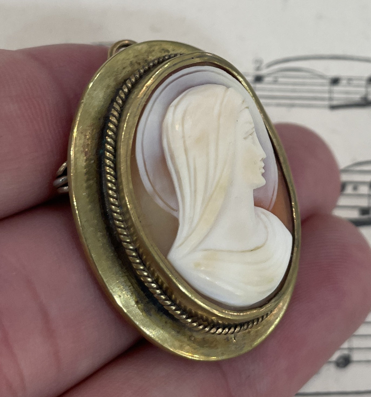 Antique French Carved Shell Cameo Virgin Mary c1920
