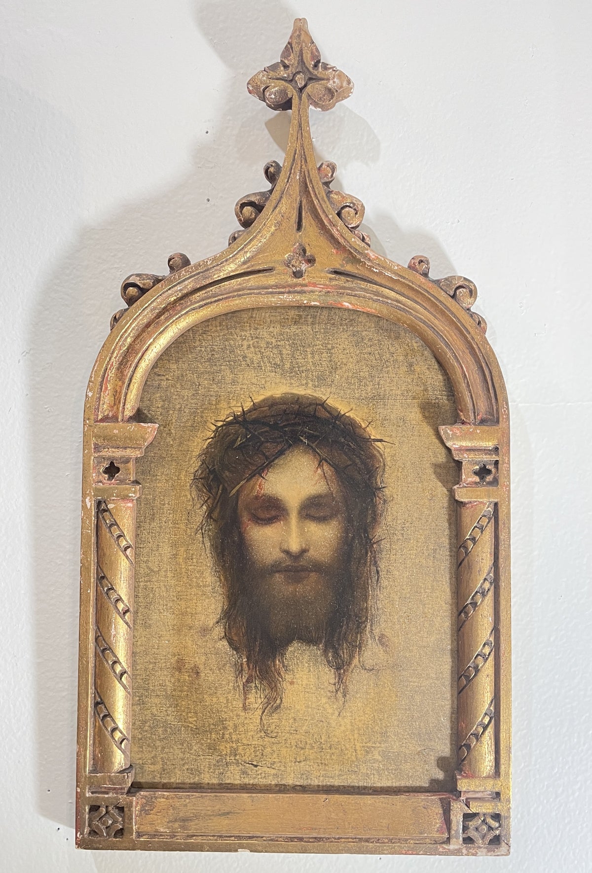 Rare Antique Italian Holy Face of Jesus Hand Painted Icon Wooden Wall Plaque c1900