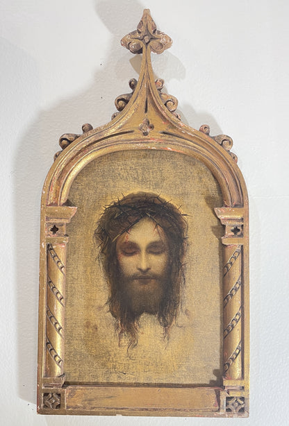 Rare Antique Italian Holy Face of Jesus Hand Painted Icon Wooden Wall Plaque c1900