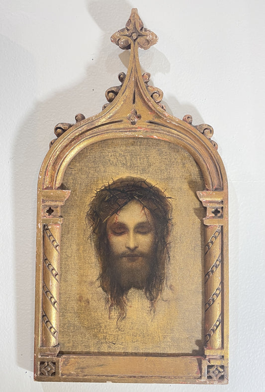 Rare Antique Italian Holy Face of Jesus Hand Painted Icon Wooden Wall Plaque c1900