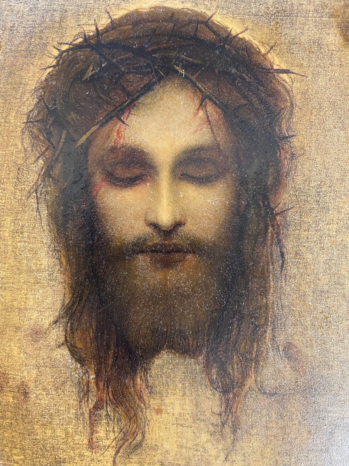 Rare Antique Italian Holy Face of Jesus Hand Painted Icon Wooden Wall Plaque c1900