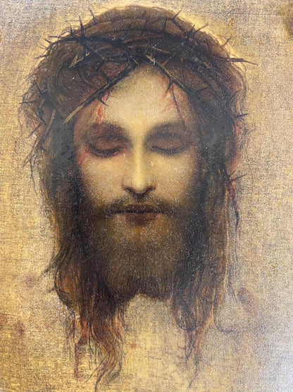 Rare Antique Italian Holy Face of Jesus Hand Painted Icon Wooden Wall Plaque c1900