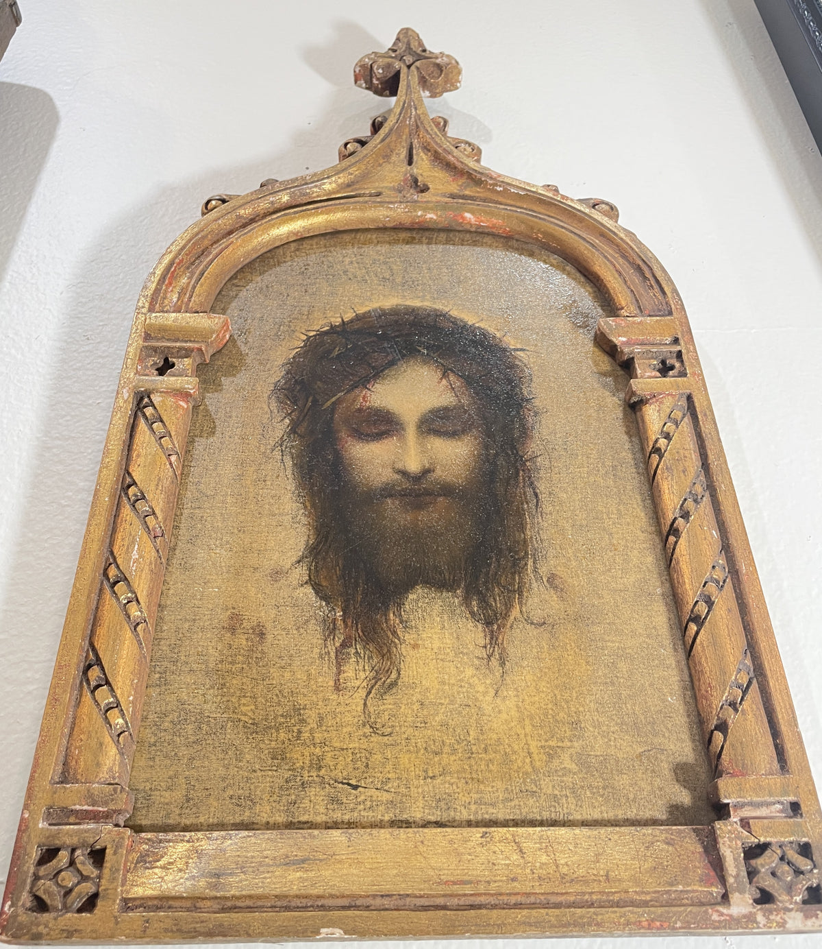 Rare Antique Italian Holy Face of Jesus Hand Painted Icon Wooden Wall Plaque c1900