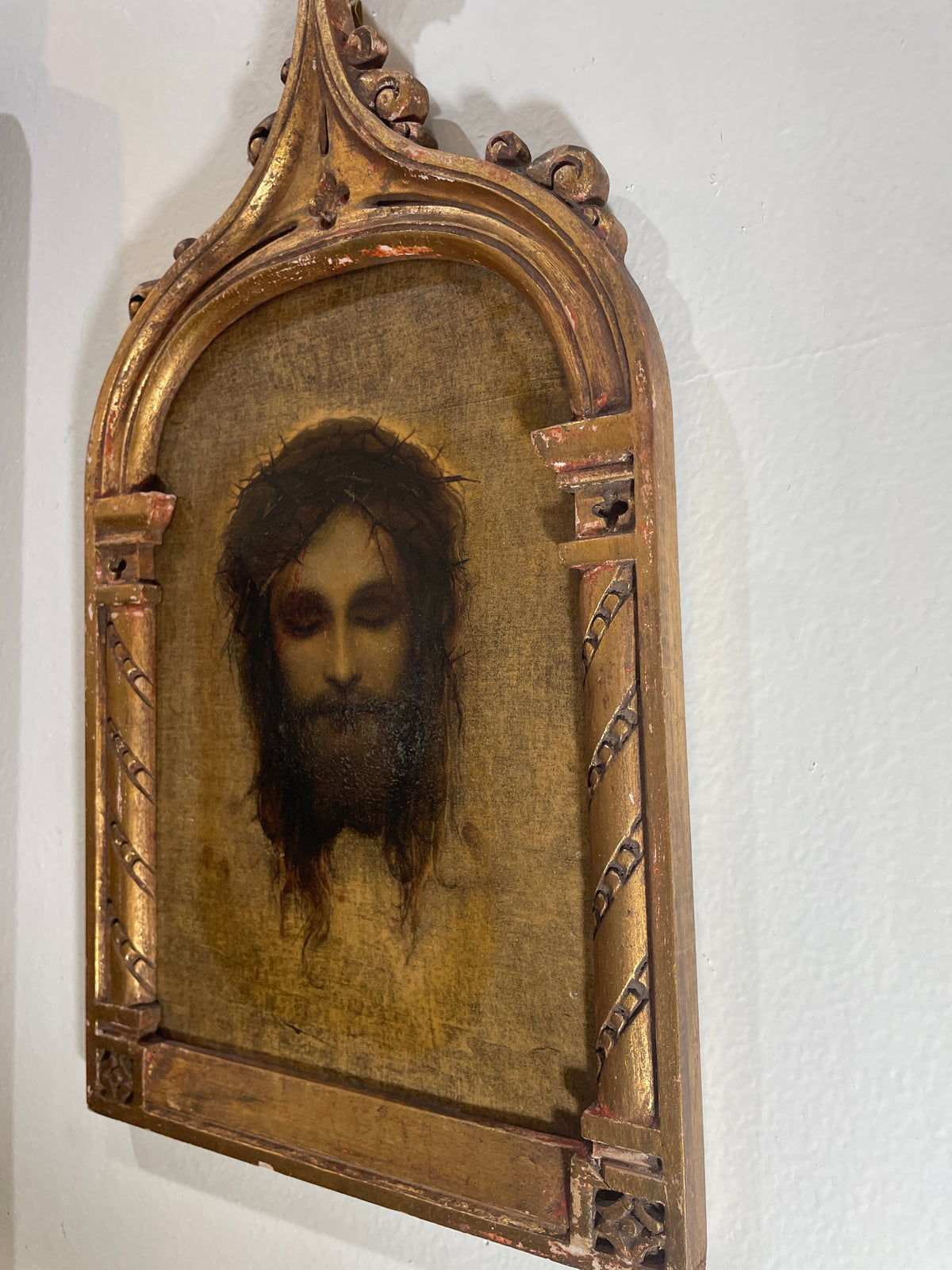 Rare Antique Italian Holy Face of Jesus Hand Painted Icon Wooden Wall Plaque c1900