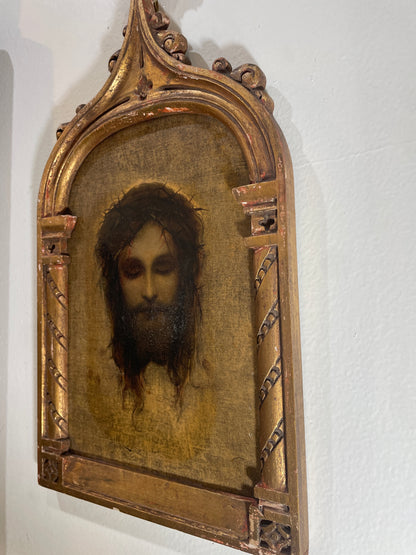 Rare Antique Italian Holy Face of Jesus Hand Painted Icon Wooden Wall Plaque c1900