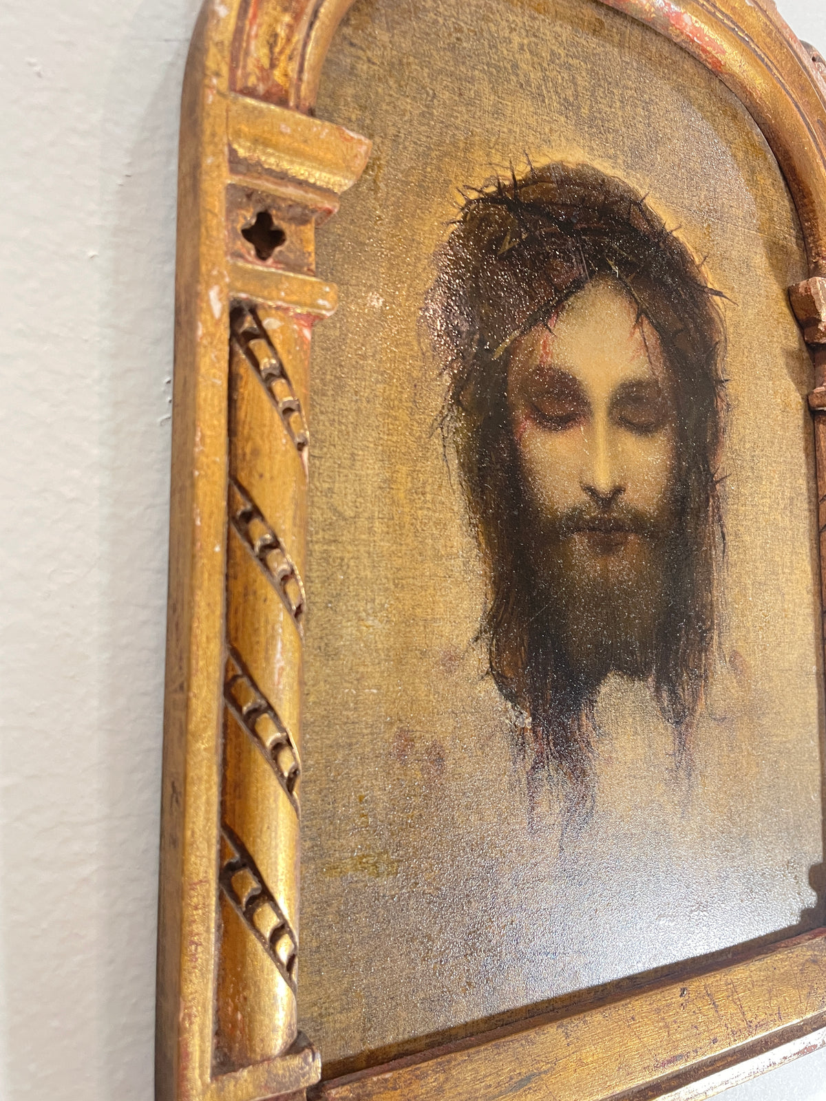 Rare Antique Italian Holy Face of Jesus Hand Painted Icon Wooden Wall Plaque c1900