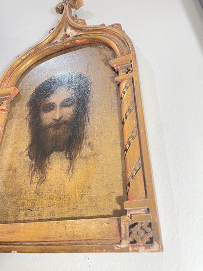 Rare Antique Italian Holy Face of Jesus Hand Painted Icon Wooden Wall Plaque c1900