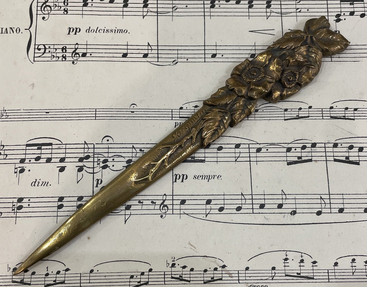 Rare Antique French Bronze Art Nouveau Letter Opener Flowers Signed Jacquelin c1880