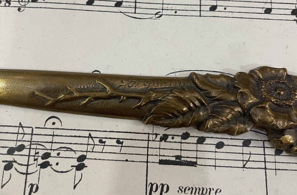 Rare Antique French Bronze Art Nouveau Letter Opener Flowers Signed Jacquelin c1880