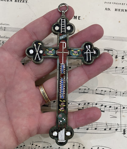 Antique Italian Micro Mosaic Micromosaic Cross Crucifix Flowers c1900