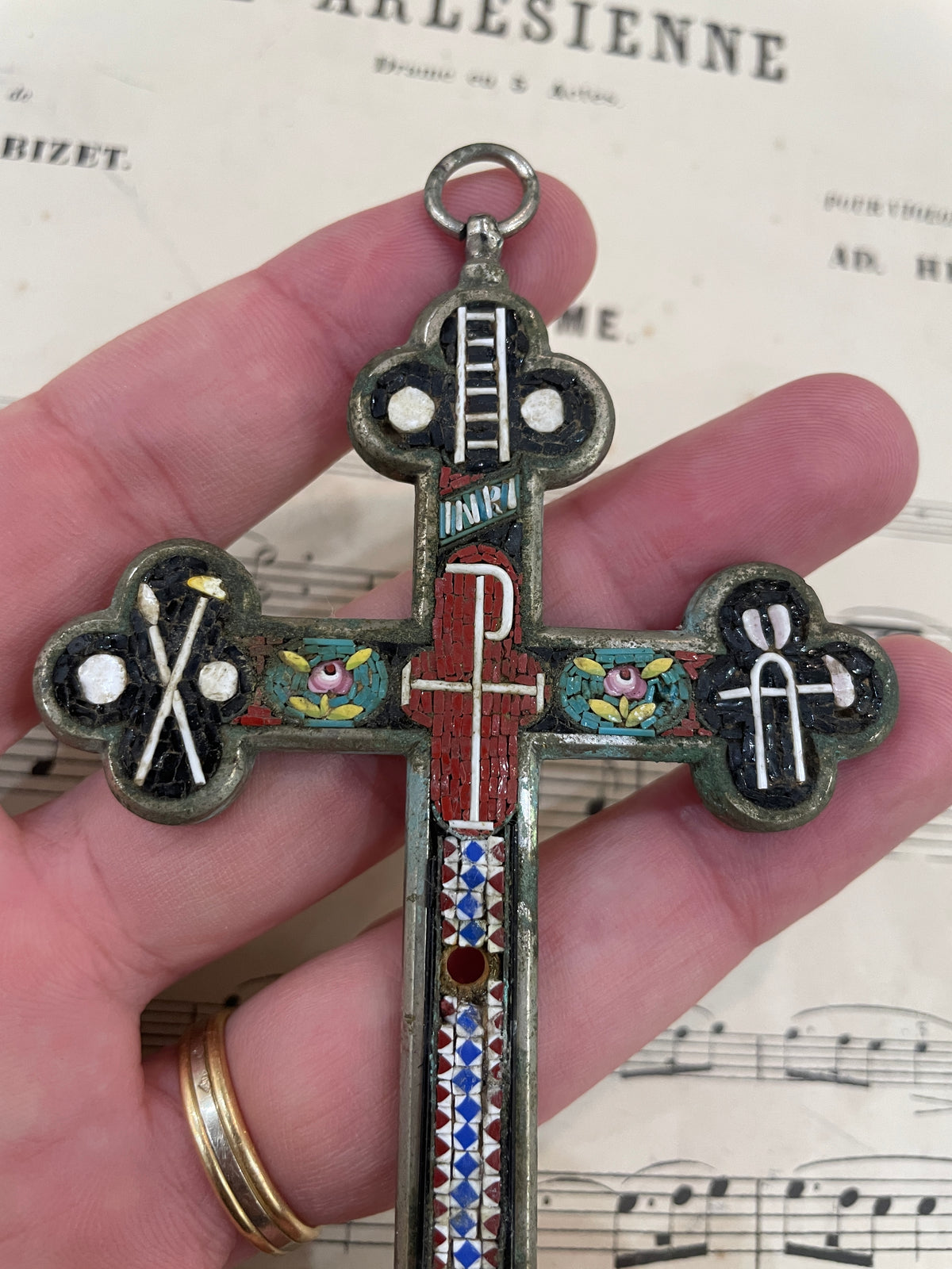 Antique Italian Micro Mosaic Micromosaic Cross Crucifix Flowers c1900