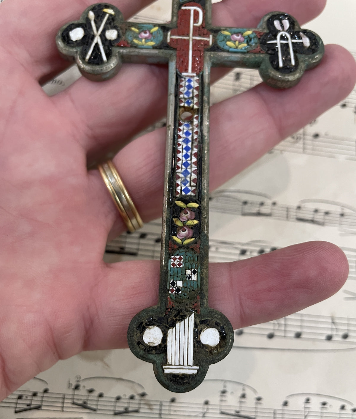 Antique Italian Micro Mosaic Micromosaic Cross Crucifix Flowers c1900