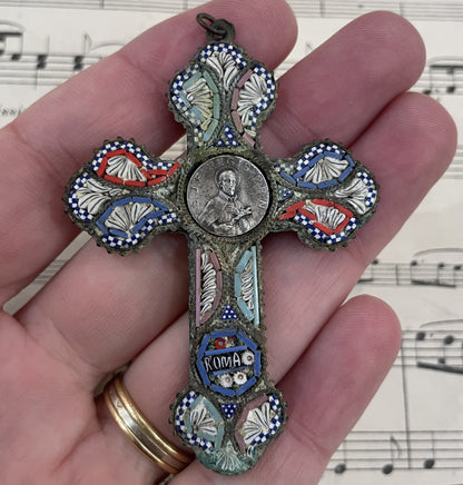 Antique Italian Micro Mosaic Micromosaic Cross Crucifix St Francis Regis c1920