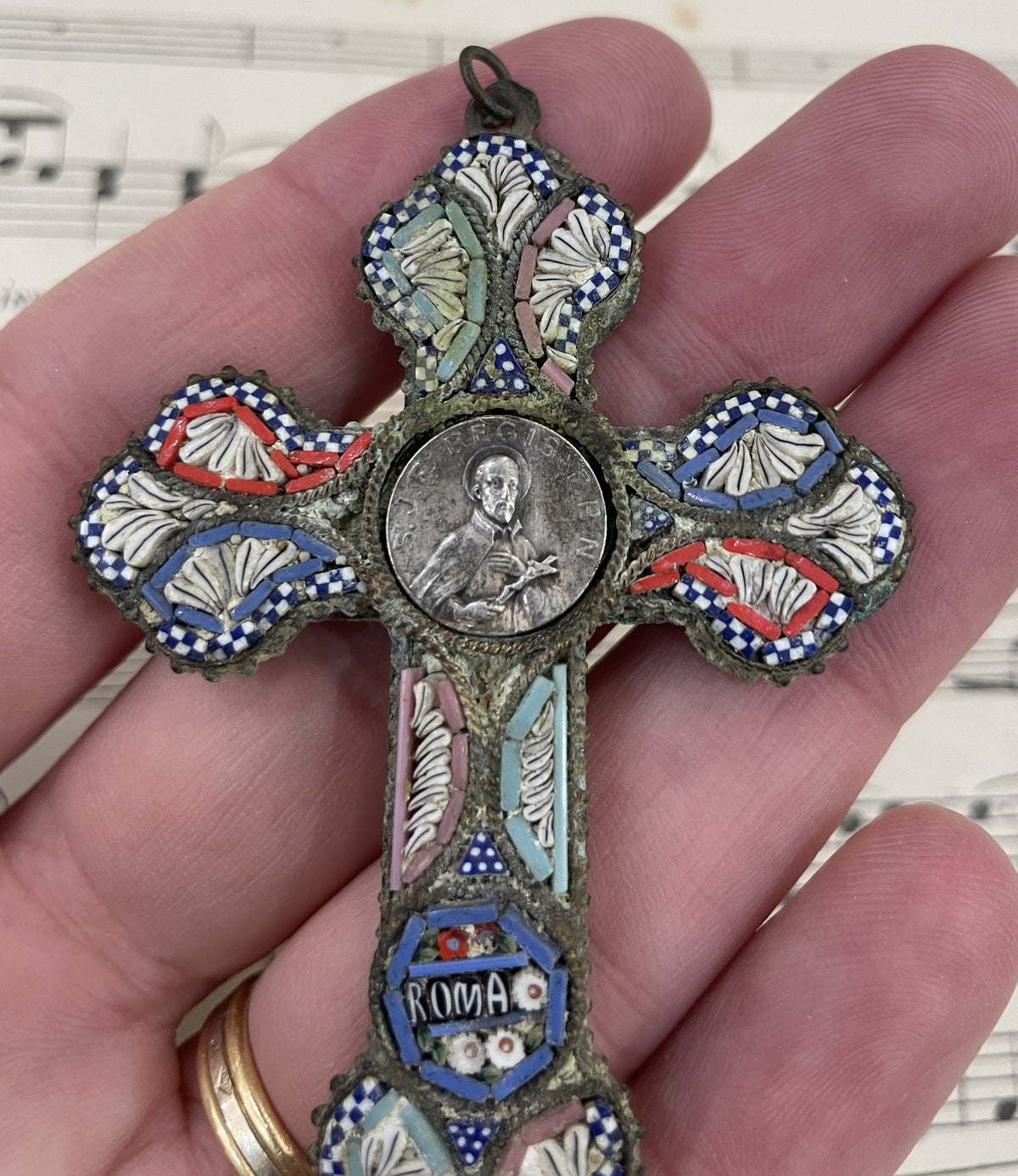 Antique Italian Micro Mosaic Micromosaic Cross Crucifix St Francis Regis c1920