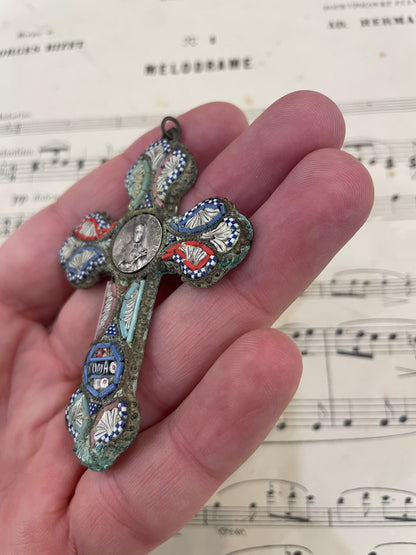 Antique Italian Micro Mosaic Micromosaic Cross Crucifix St Francis Regis c1920