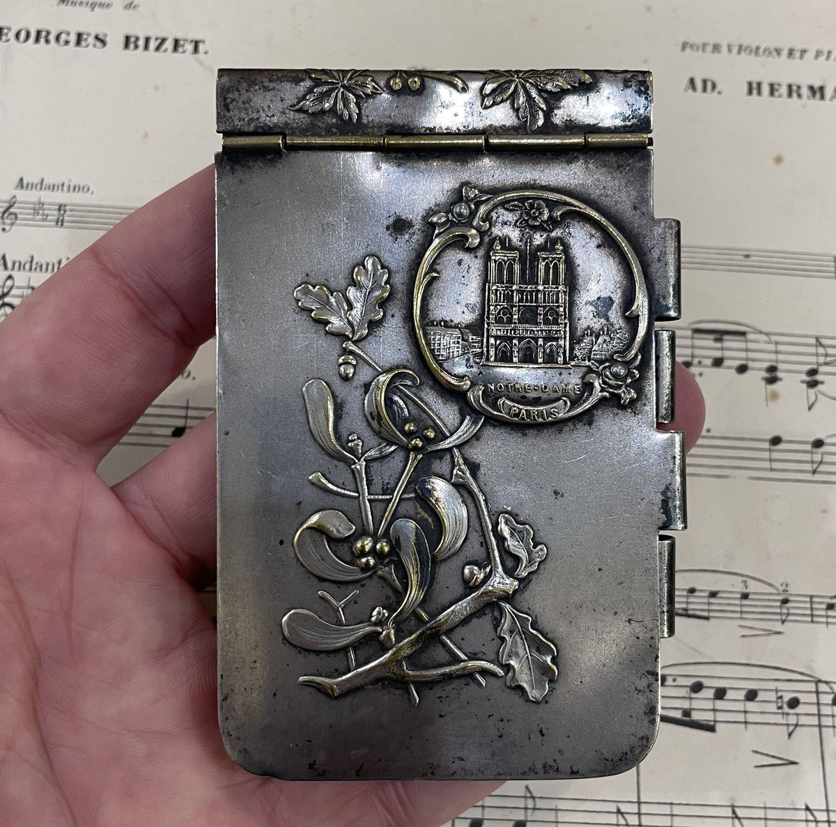 Large Antique French Art Nouveau Silver Plated Dance Card Mistletoe ND de Paris c1900