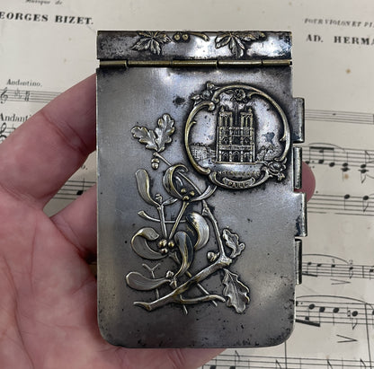 Large Antique French Art Nouveau Silver Plated Dance Card Mistletoe ND de Paris c1900
