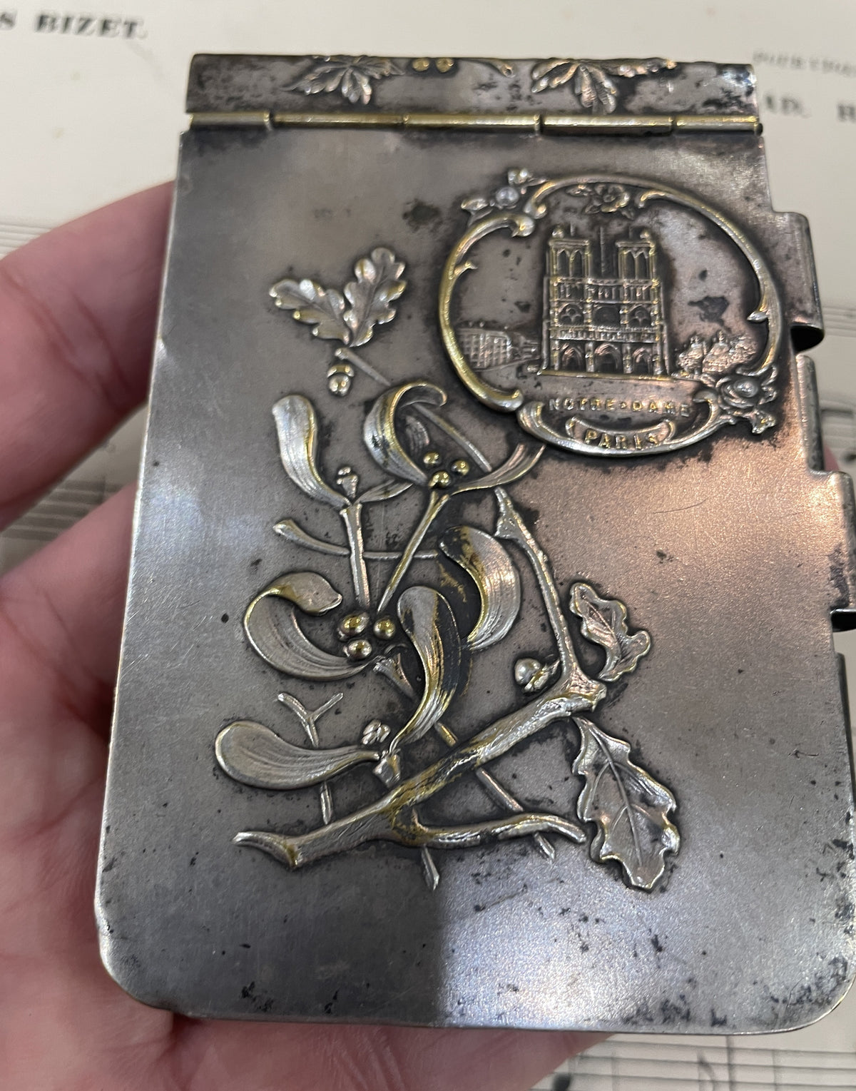 Large Antique French Art Nouveau Silver Plated Dance Card Mistletoe ND de Paris c1900